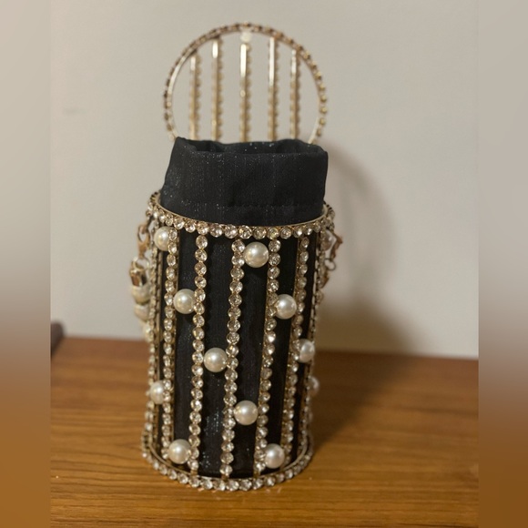 Metallic Cage Evening Bag with Pearls & Rhinestones Bucket Clutch Purse - Picture 3 of 14